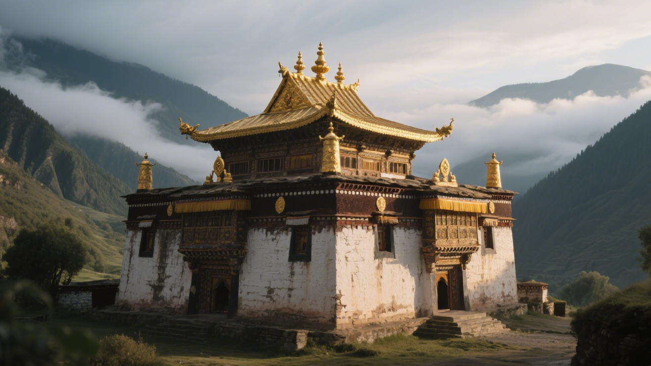 Tibet temple photo, showing architectural exterior and religious atmosphere