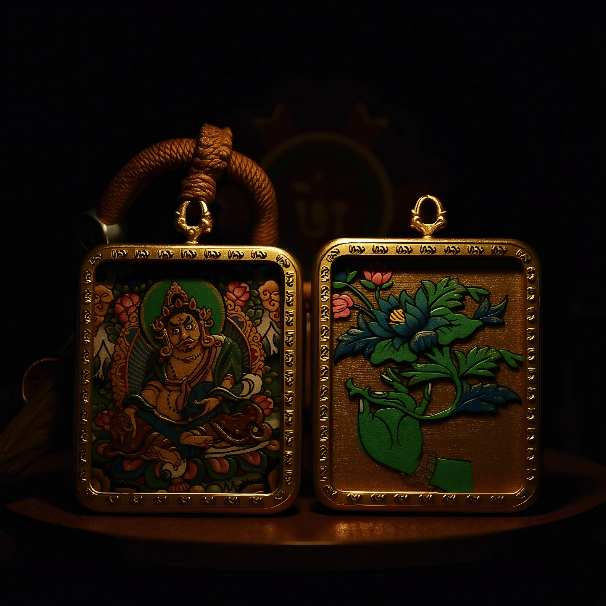 Yellow Jambhala Thangka pendant double-sided product display 1, showing front and back with detailed craftsmanship