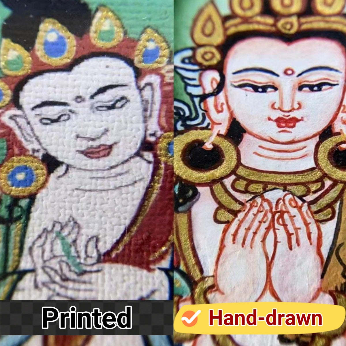 Comparison Image: Hand-Painted Thangka vs. Printed Thangkahand-painted Thangka, zoom detail, brushwork, color
