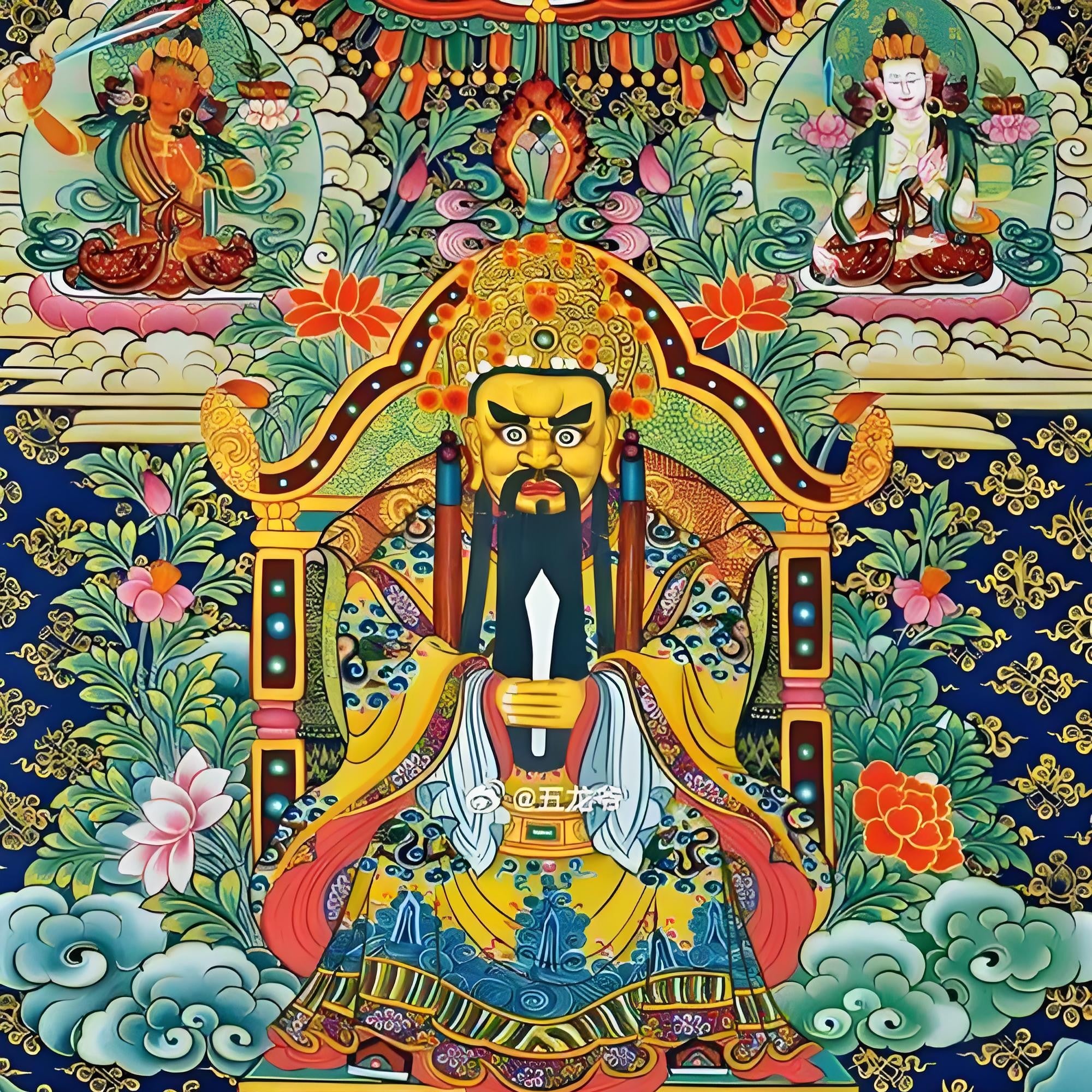 Hand-painted Thangka of Wu Ye, Tibetan Buddhist protector deity
