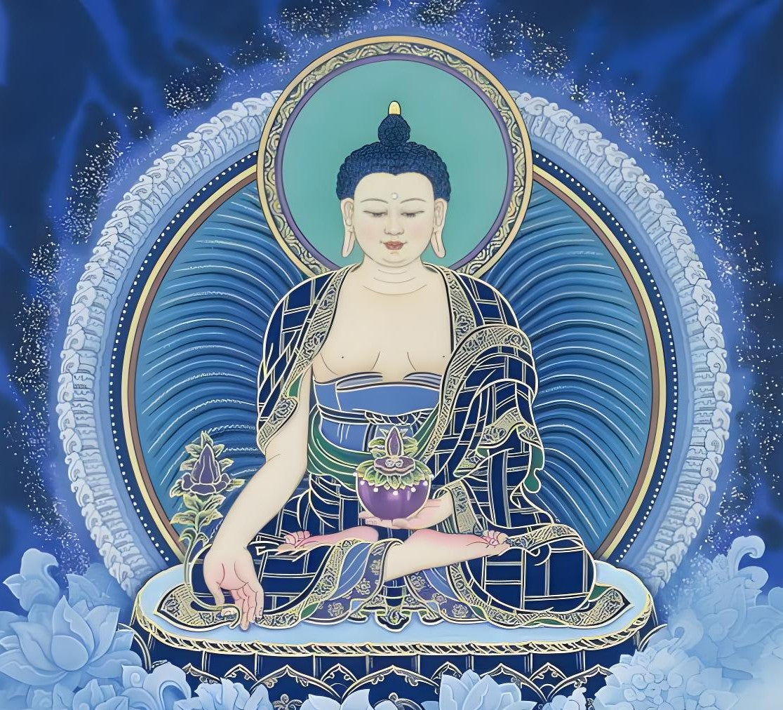 Amitabha Buddha hand-painted Thangka art image, showing exquisite details and traditional artistic style