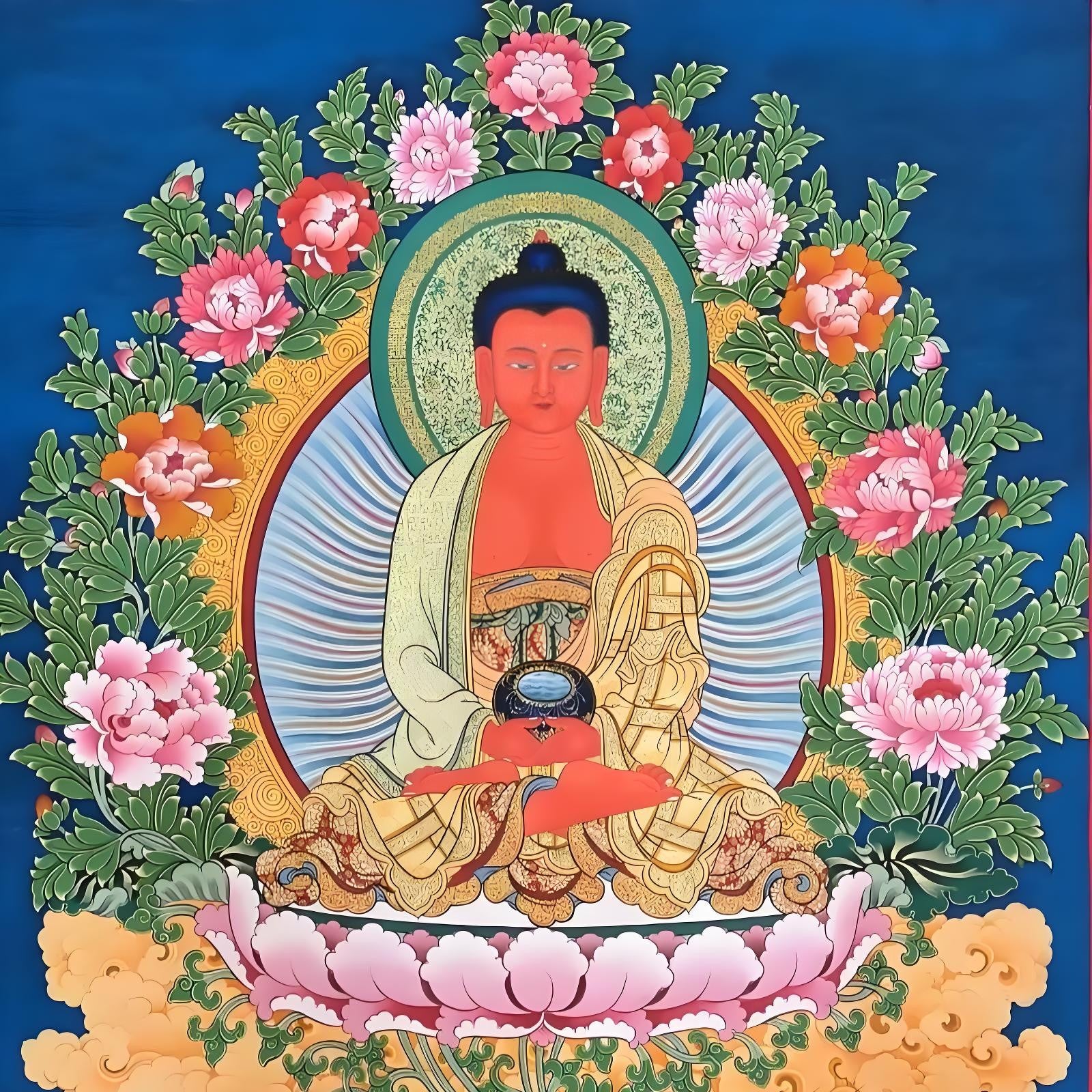 Amitabha Buddha hand-painted Thangka wall hanging image, showing full artwork suitable for display