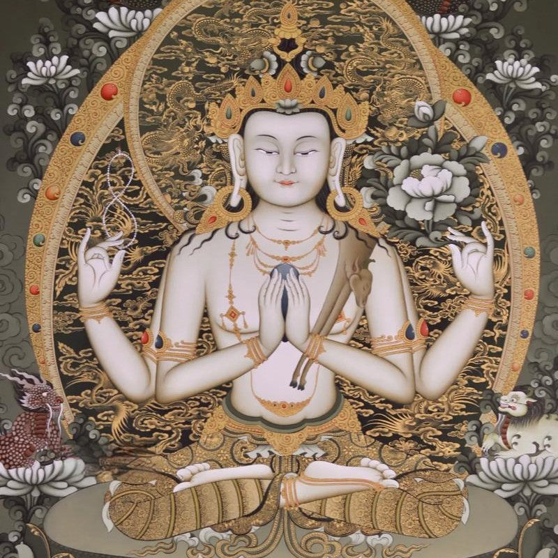 Avalokiteshvara hand-painted Thangka image, showing exquisite details and traditional artistic style