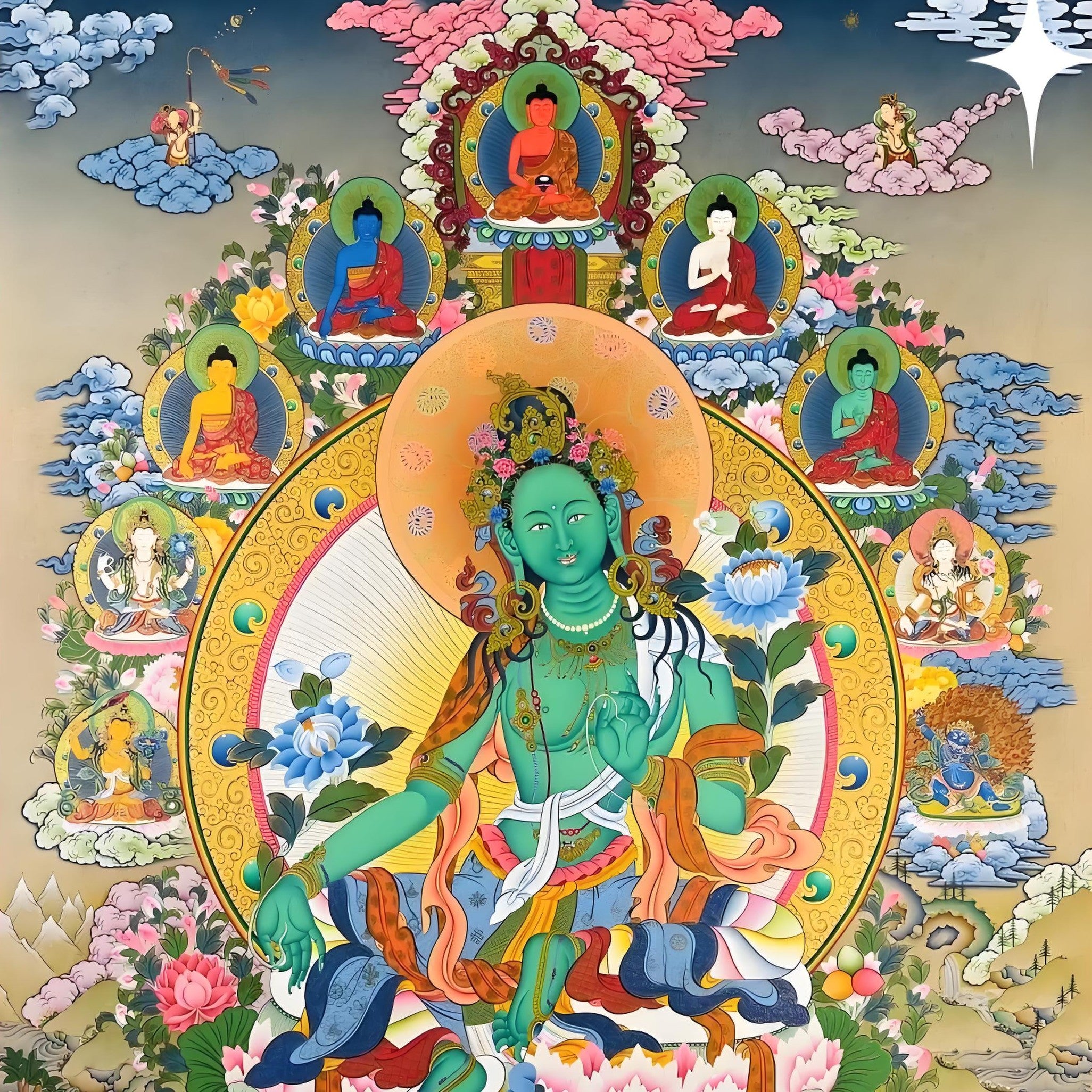 Green Tara hand-painted Thangka deities image, showing deities and exquisite hand-painted details