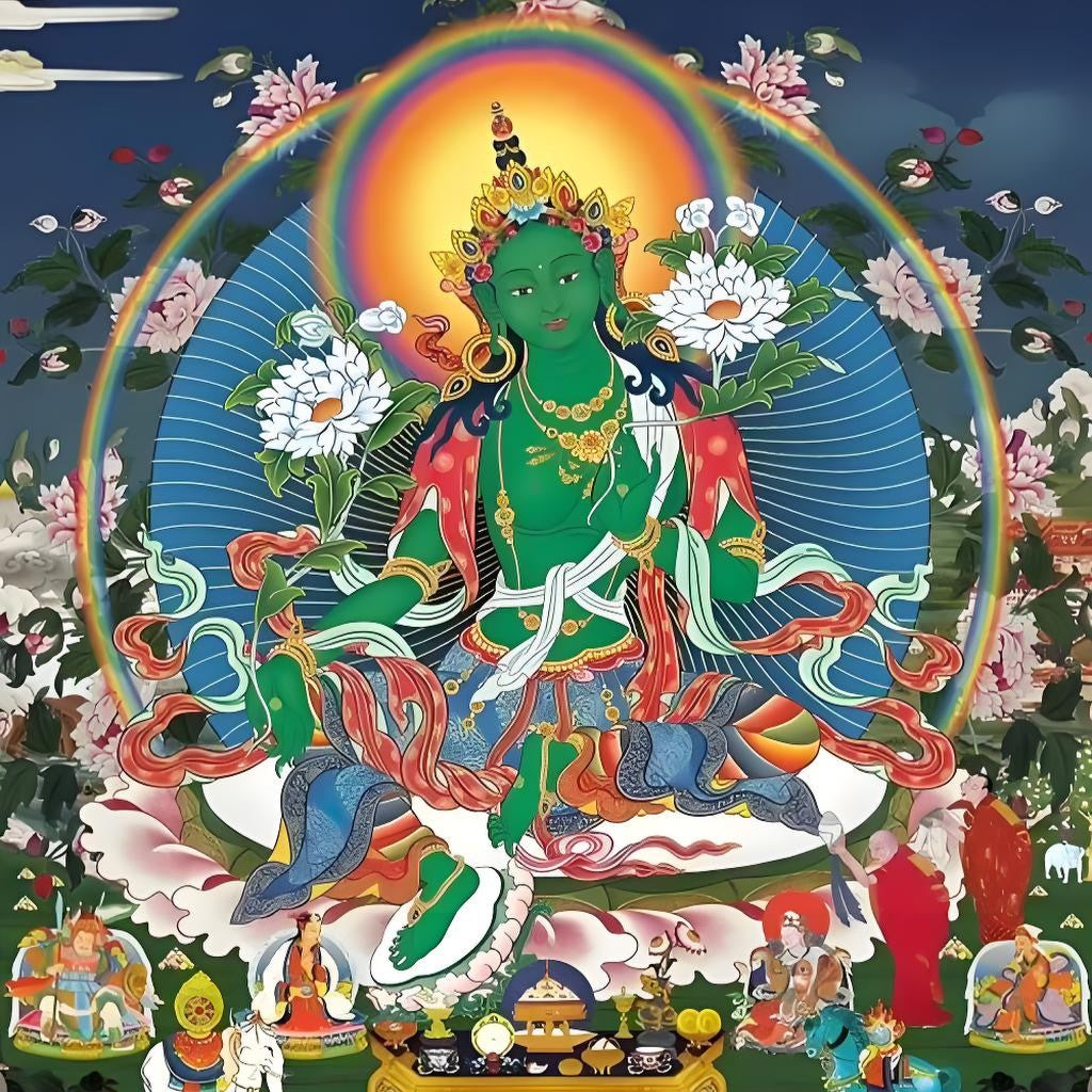 Green Tara hand-painted Thangka wall hanging image, showing full artwork and exquisite craftsmanship