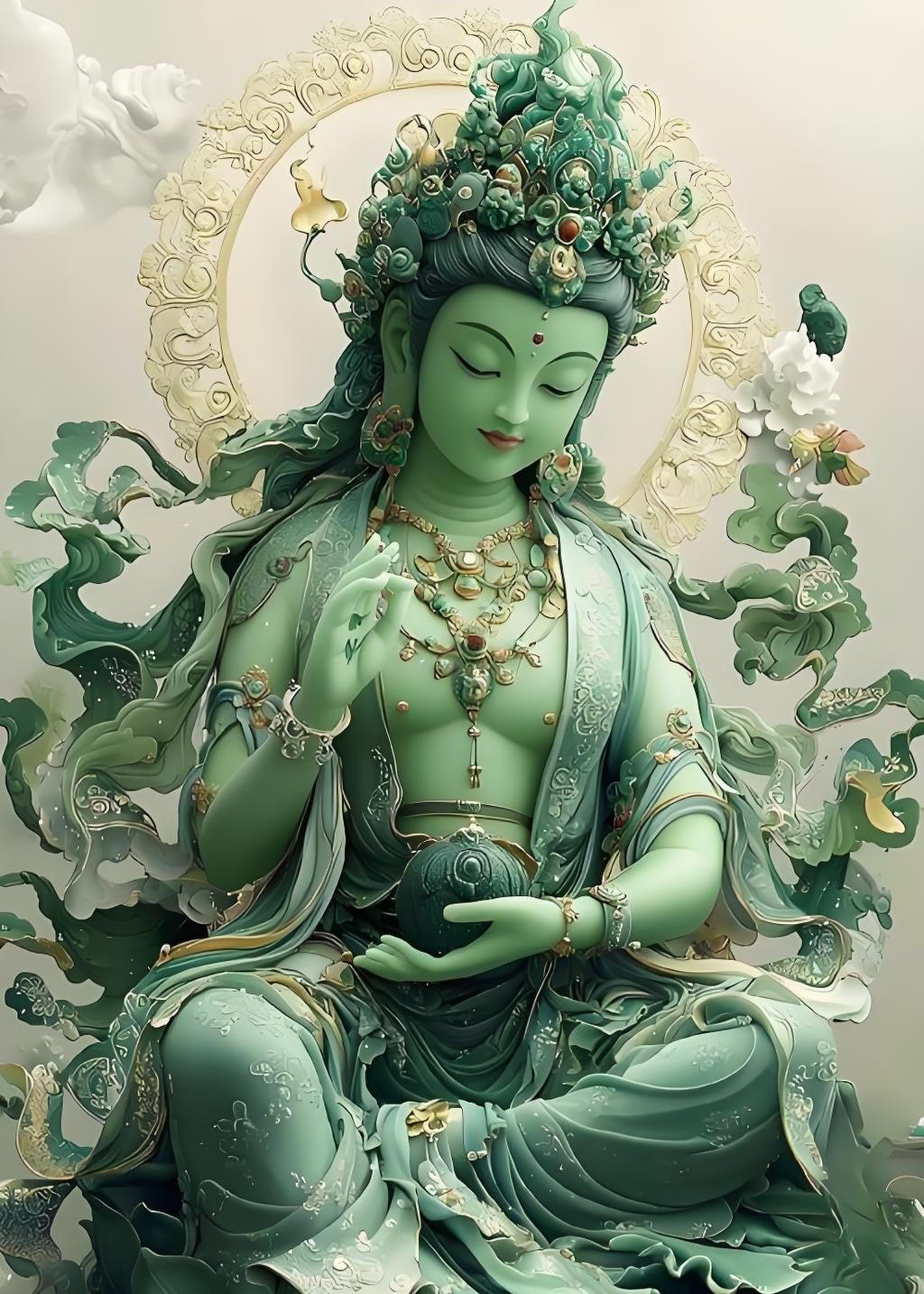 Green Tara portrait image, showing compassionate and solemn appearance with exquisite details
