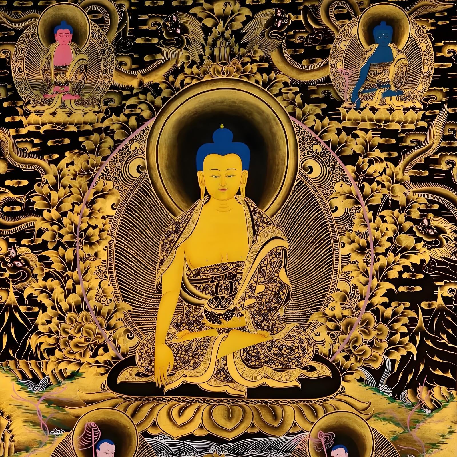 Hand-painted gilded Thangka image, showing exquisite gold detailing and traditional hand-painted craftsmanship