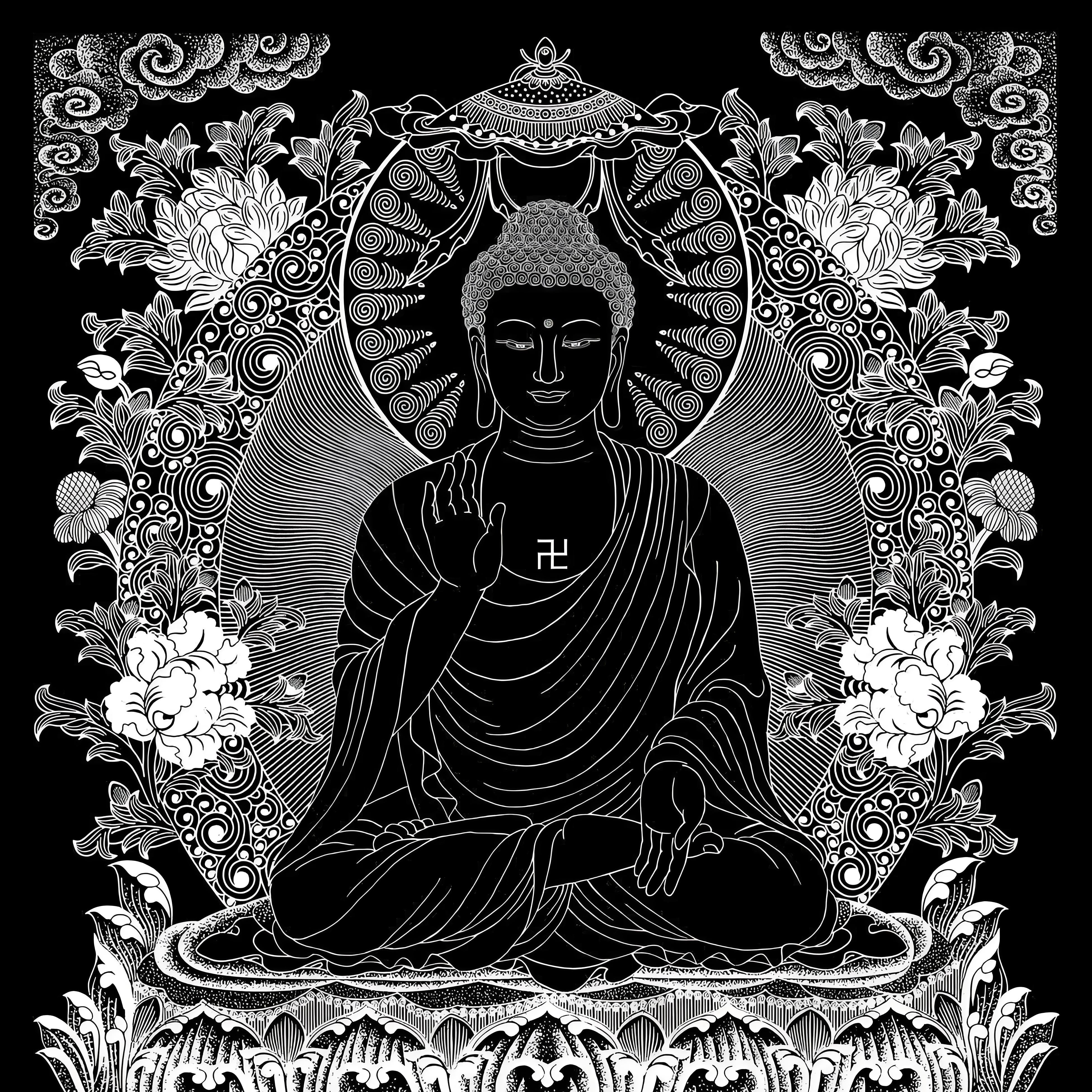 Hand-painted Thangka black and white image, showing exquisite linework and traditional hand-painted craftsmanship