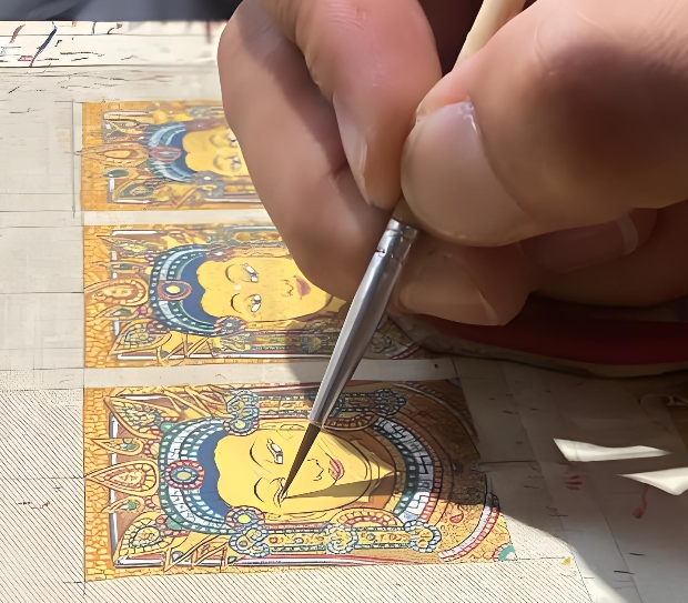 Close-up of hand-painted Tibetan Thangka, showing delicate painting texture and craftsmanship details