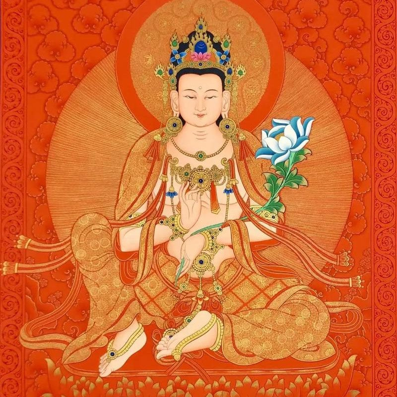 Mahasthamaprapta hand-painted Thangka portrait image, showing exquisite hand-painted details and solemn appearance