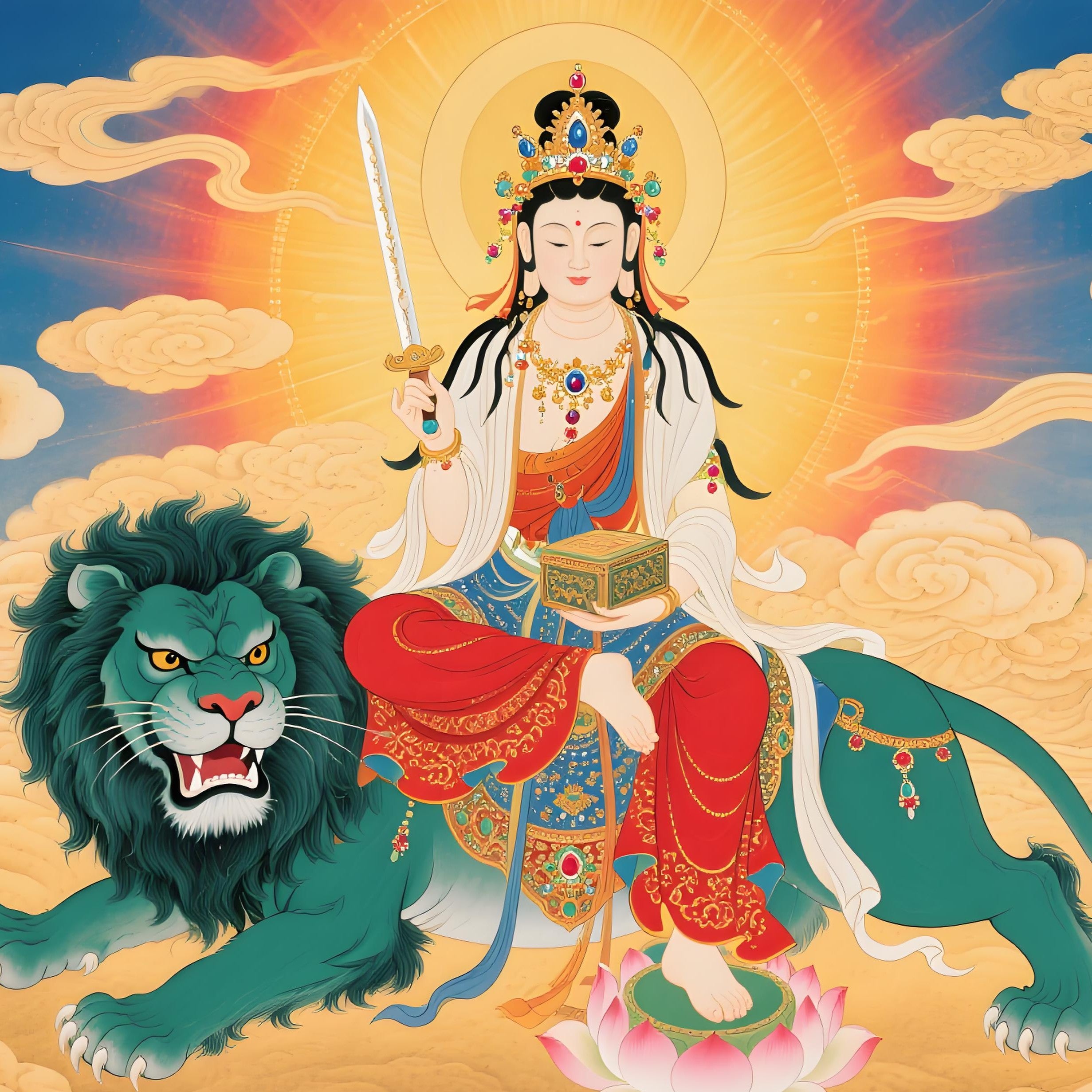 Manjushri hand-painted Thangka art poster image, showing exquisite details and traditional artistic style
