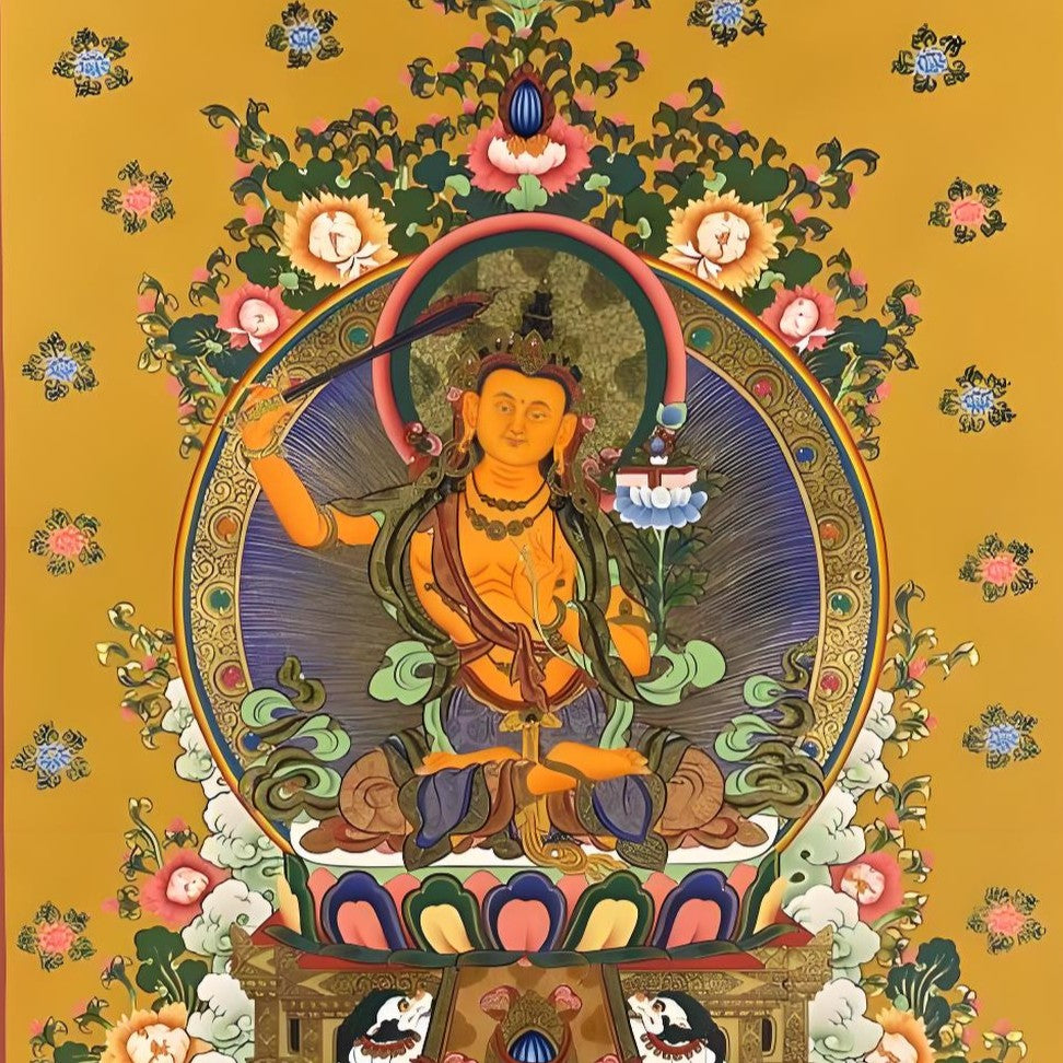 Manjushri hand-painted Thangka expression detail image, showing wise and solemn appearance with exquisite hand-painted details