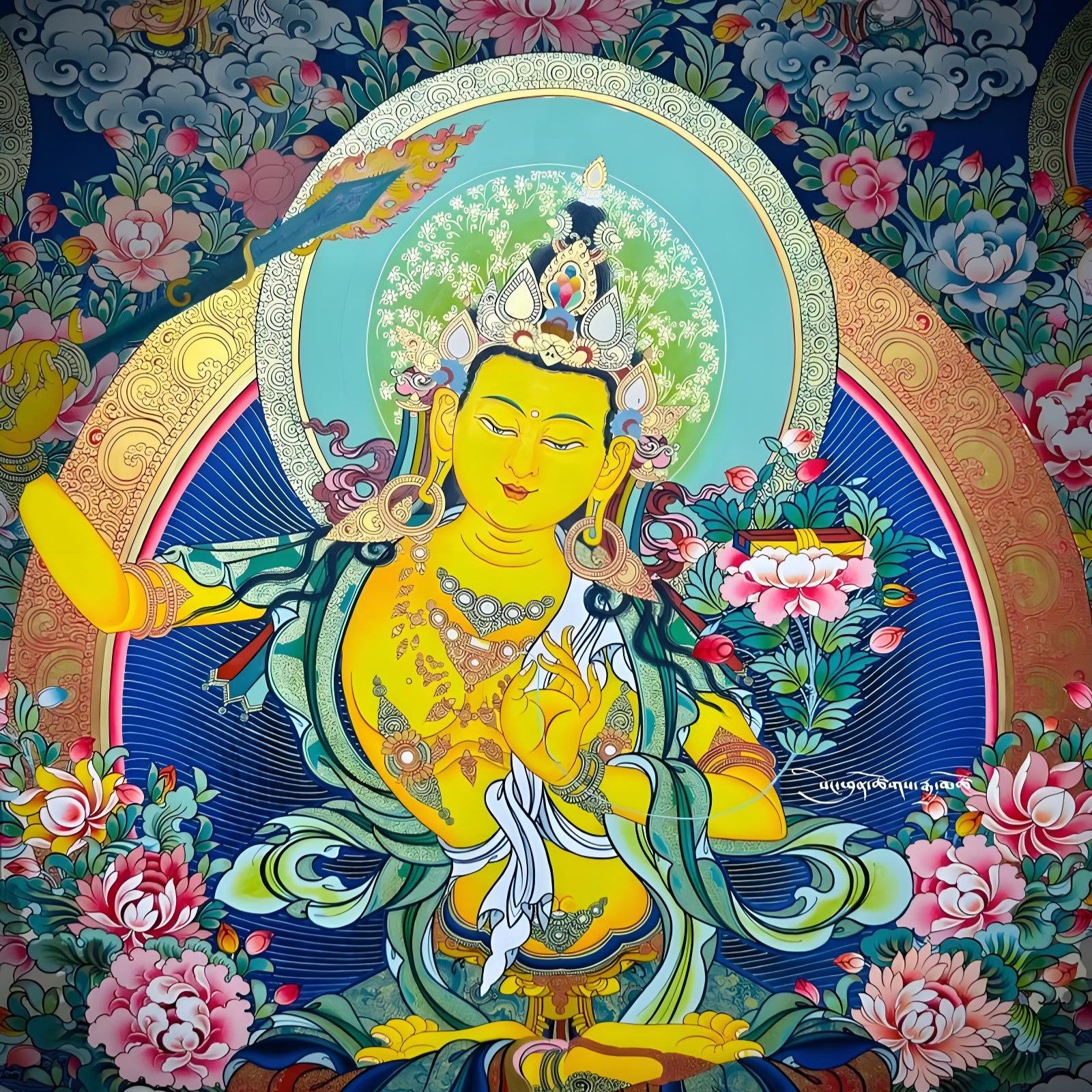 Manjushri hand-painted Thangka wall hanging image, showing full artwork and exquisite craftsmanship