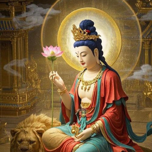 Manjushri portrait image, showing wise and solemn appearance with exquisite details