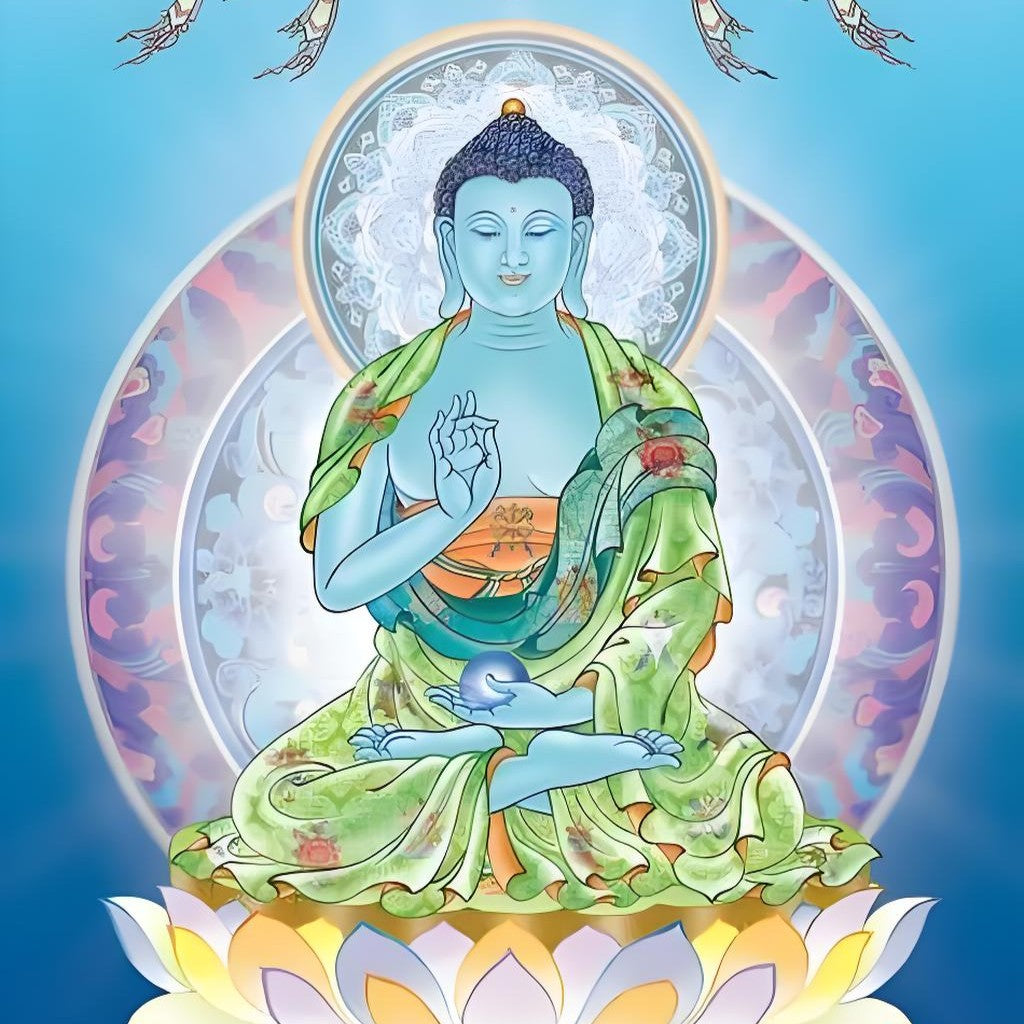 Medicine Buddha hand-painted Thangka art poster image, showing solemn and compassionate appearance with exquisite hand-painted details