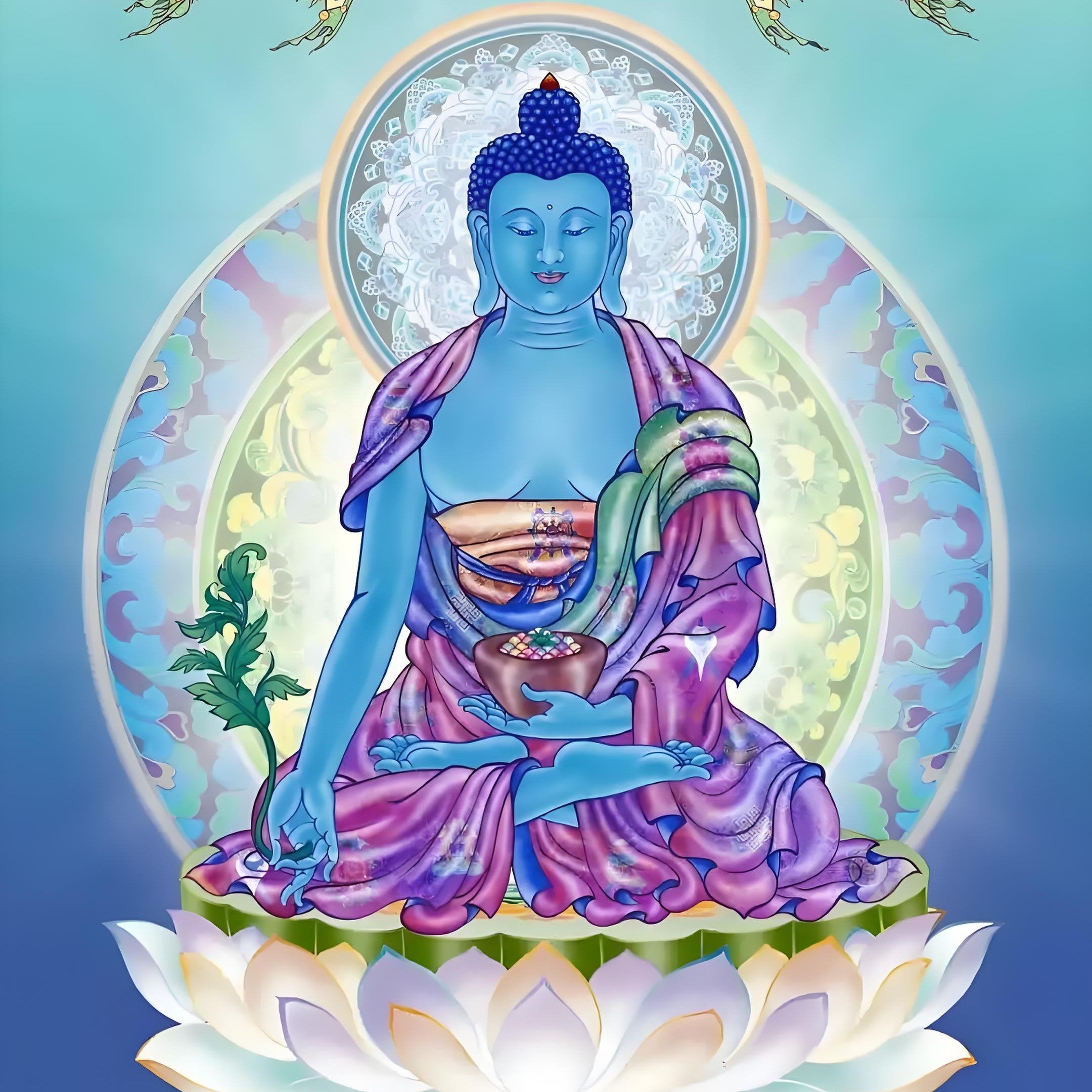 Medicine Buddha hand-painted Thangka art poster image (expression detail), showing solemn and compassionate appearance with exquisite hand-painted details