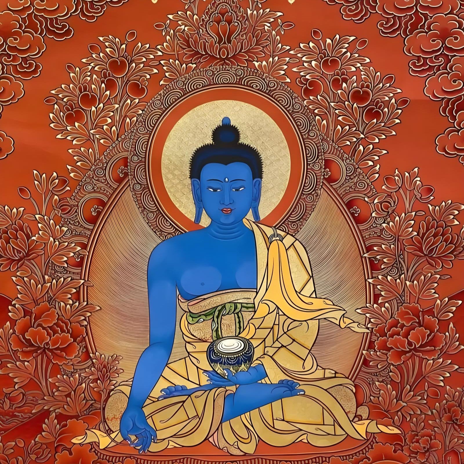 Medicine Buddha hand-painted Thangka expression detail image, showing solemn and compassionate appearance with exquisite hand-painted details