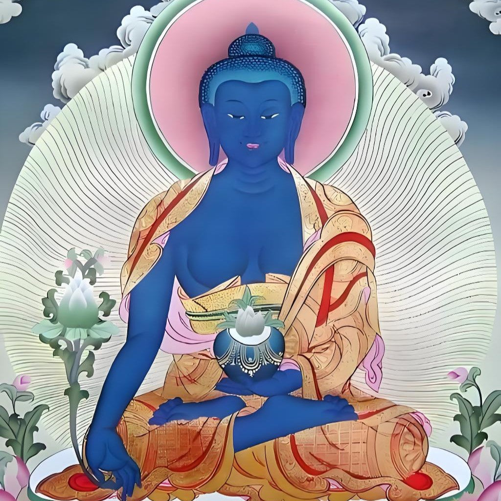 Medicine Buddha hand-painted Thangka wall hanging image , showing solemn and compassionate appearance with exquisite hand-painted details
