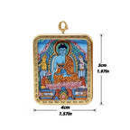 Medicine Buddha hand-painted Thangka pendant double-sided size image, showing front and back with detailed measurements