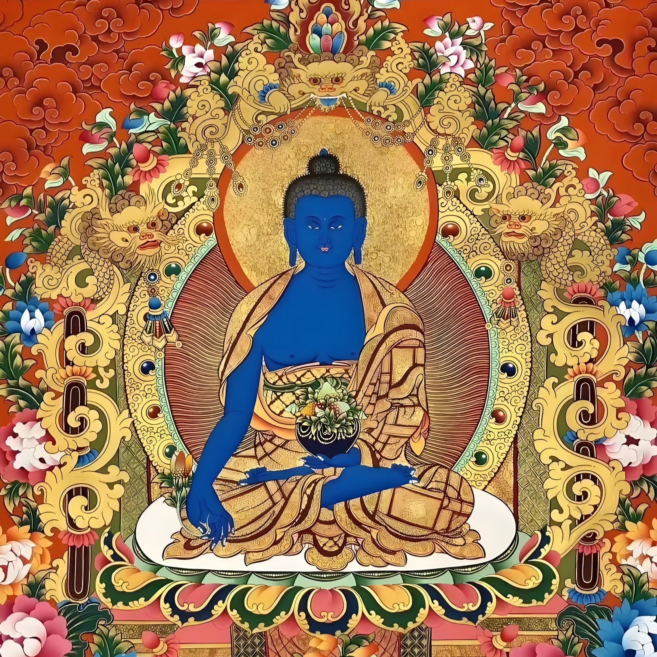 Medicine Buddha hand-painted Thangka image, showing solemn and compassionate appearance with exquisite hand-painted details