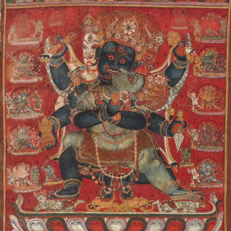 Detailed hand-painted Thangka of Phurba Vajra, Tibetan Buddhism
