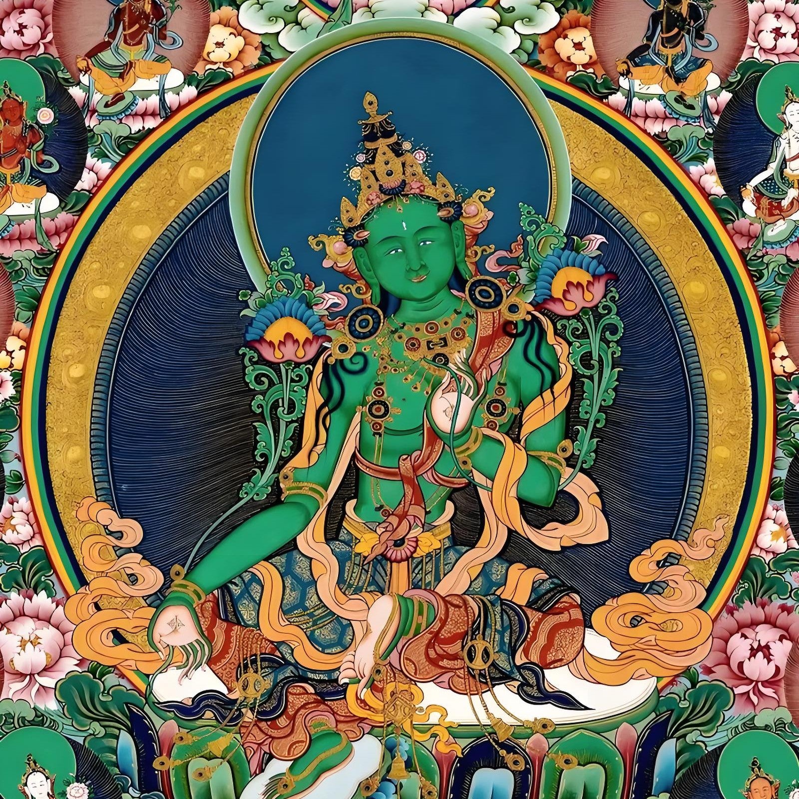 Pure gold Green Tara display image, showing overall Buddha statue and exquisite golden craftsmanship
