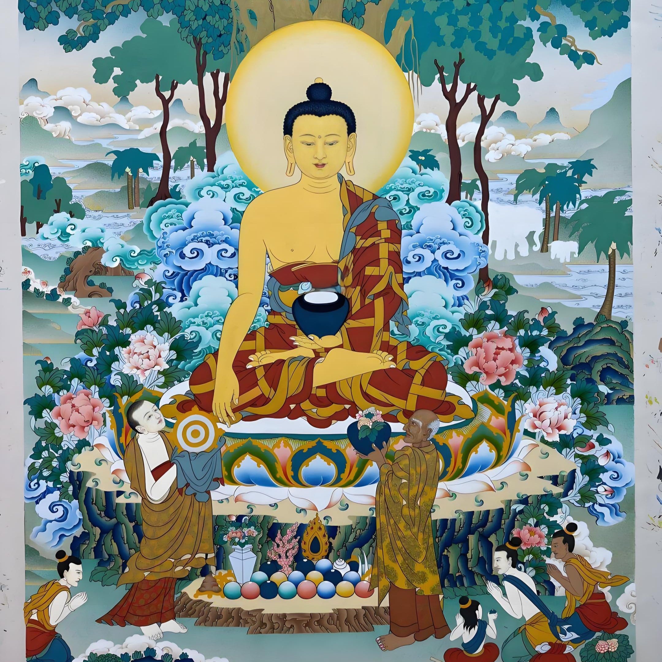 Shakyamuni Buddha hand-painted Thangka image, showing solemn and compassionate appearance with exquisite hand-painted details