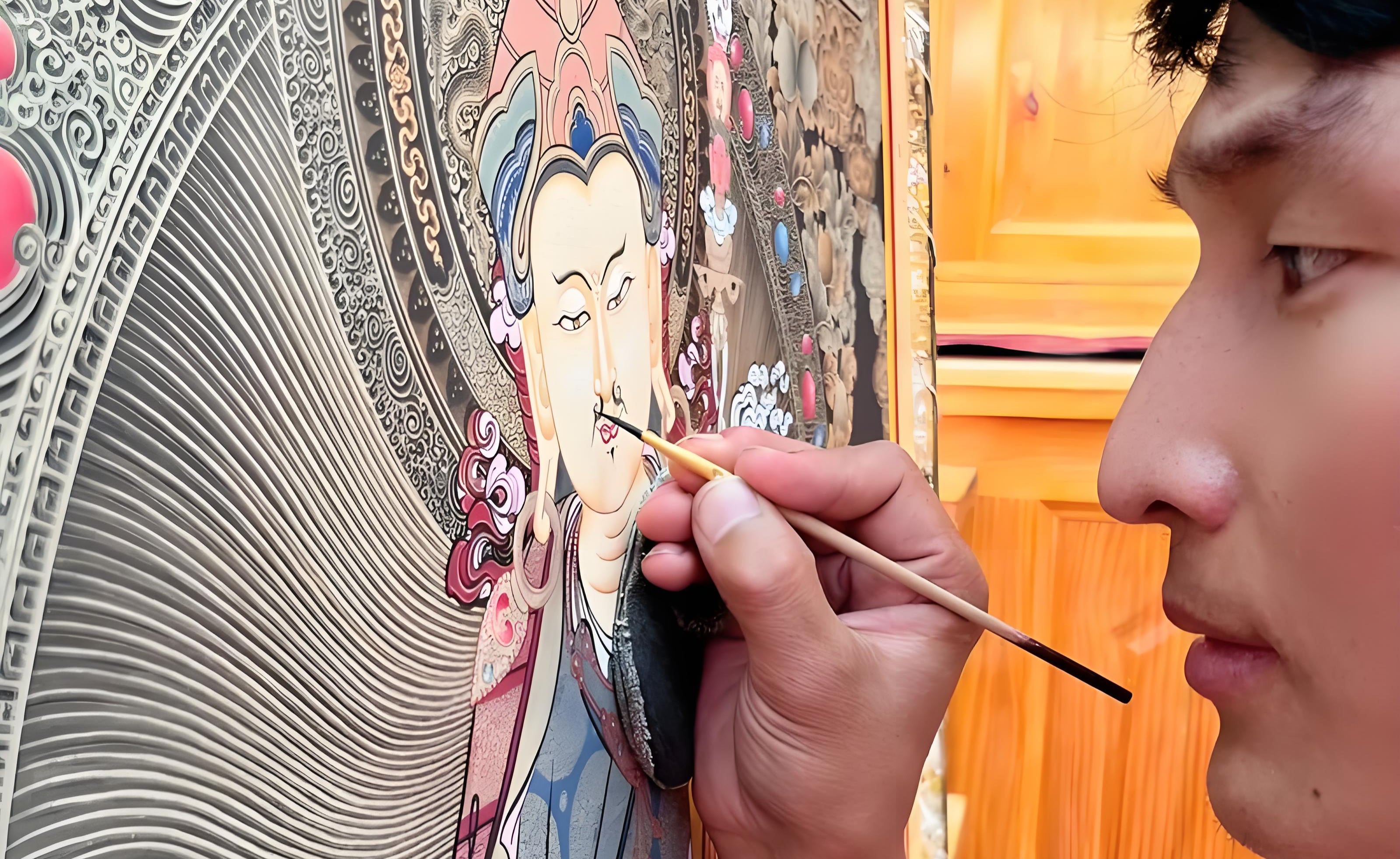 Thangka artist hand-painted Thangka process image, showing painting steps and exquisite craftsmanship