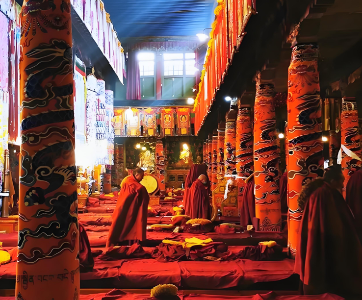 Thangka consecration ceremony inside a temple, showing religious rituals and monks performing the ceremony
