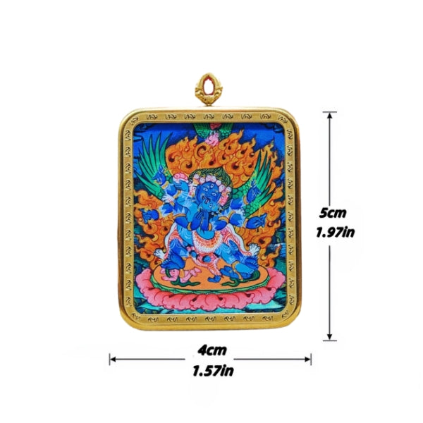 Vajrakilaya hand-painted Thangka pendant double-sided size image, showing front and back with detailed measurements
