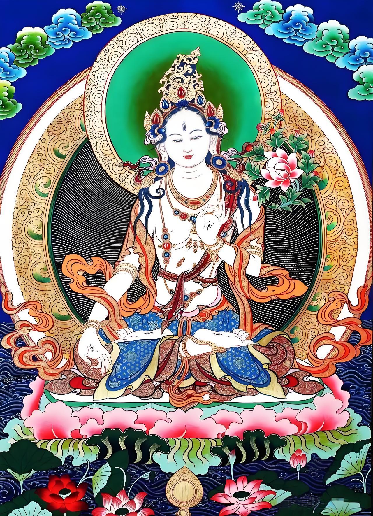 Close-up detail of hand-painted Thangka of White Tara, Tibetan Buddhist protector deity