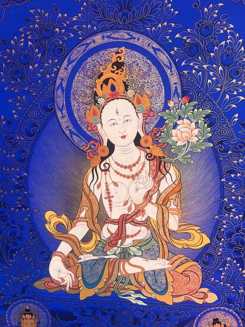 Traditional hand-painted Thangka of White Tara, Tibetan Buddhist cultural art