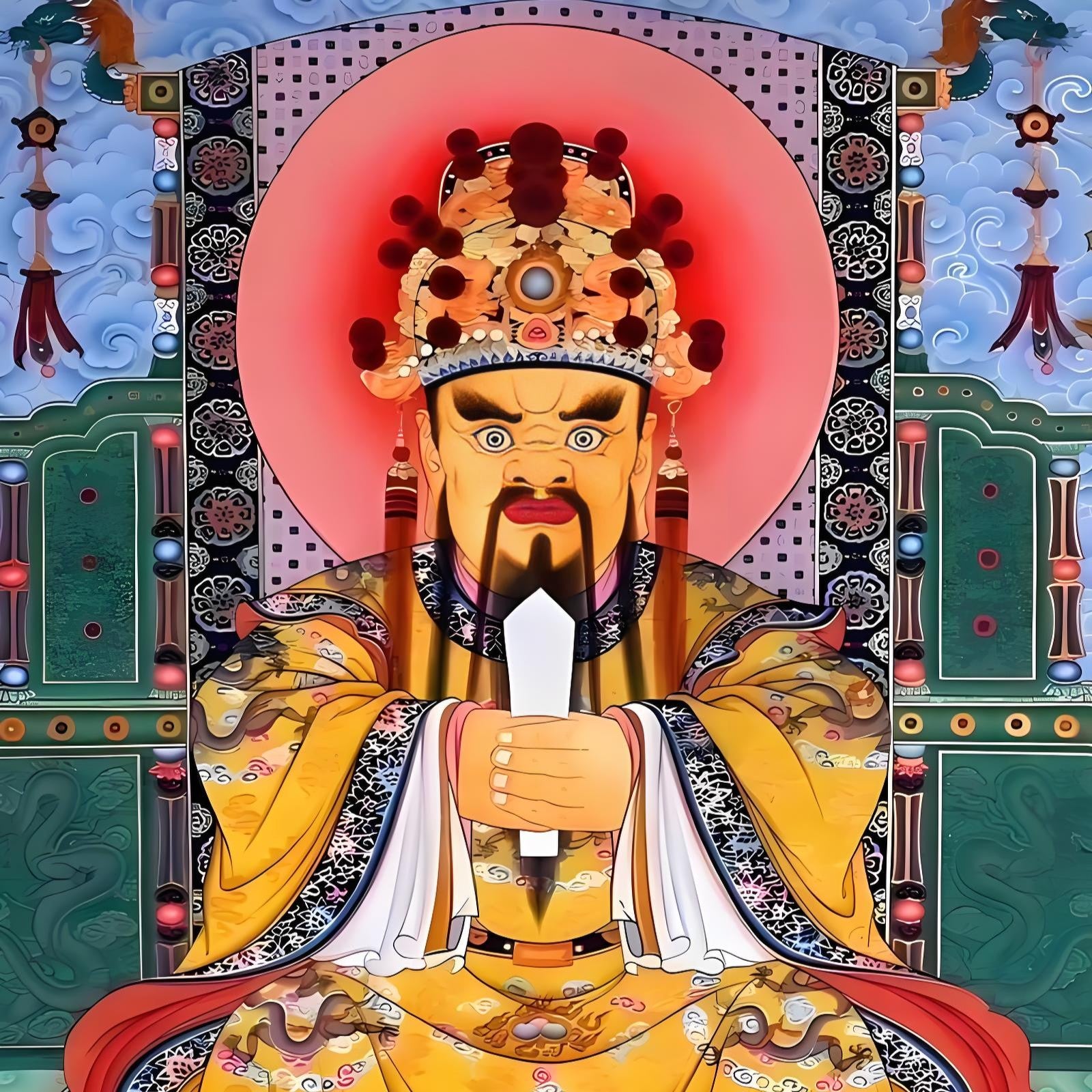 Close-up detail of hand-painted Thangka of Wu Ye, Tibetan Buddhist protector deity