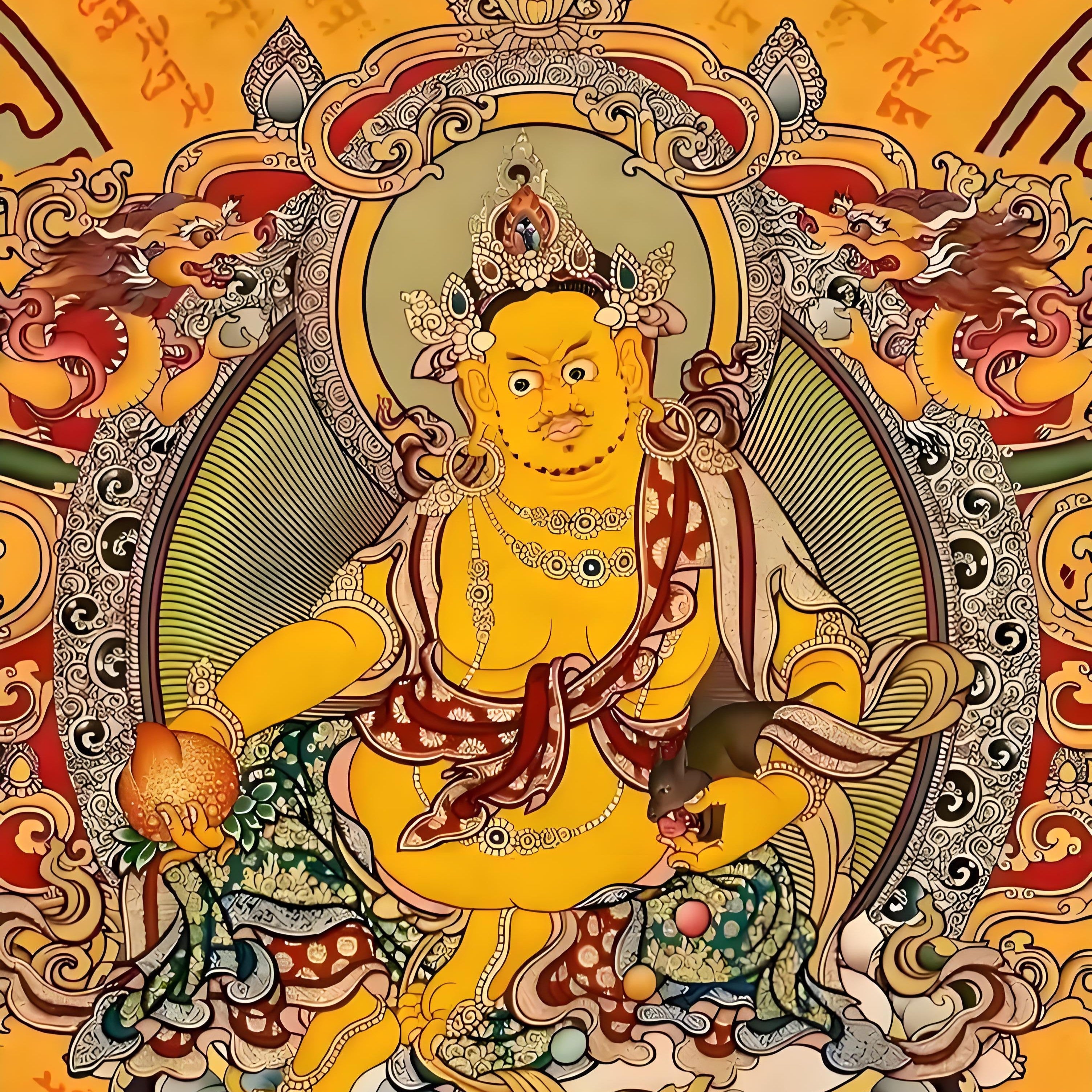 Hand-painted Thangka of Yellow Jambhala, Tibetan Buddhist deity of wealth