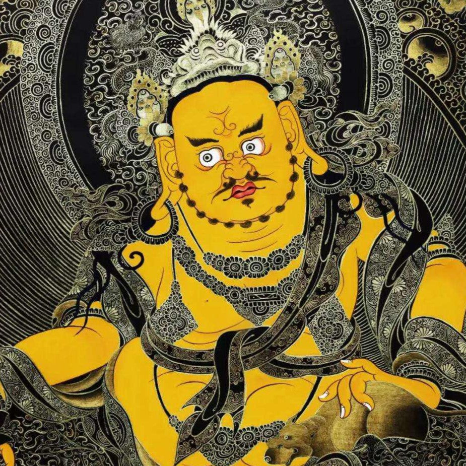 Detailed hand-painted Thangka of Yellow Jambhala, Tibetan Buddhism