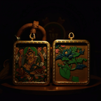 Yellow Jambhala Thangka pendant double-sided product display 1, showing front and back with detailed craftsmanship