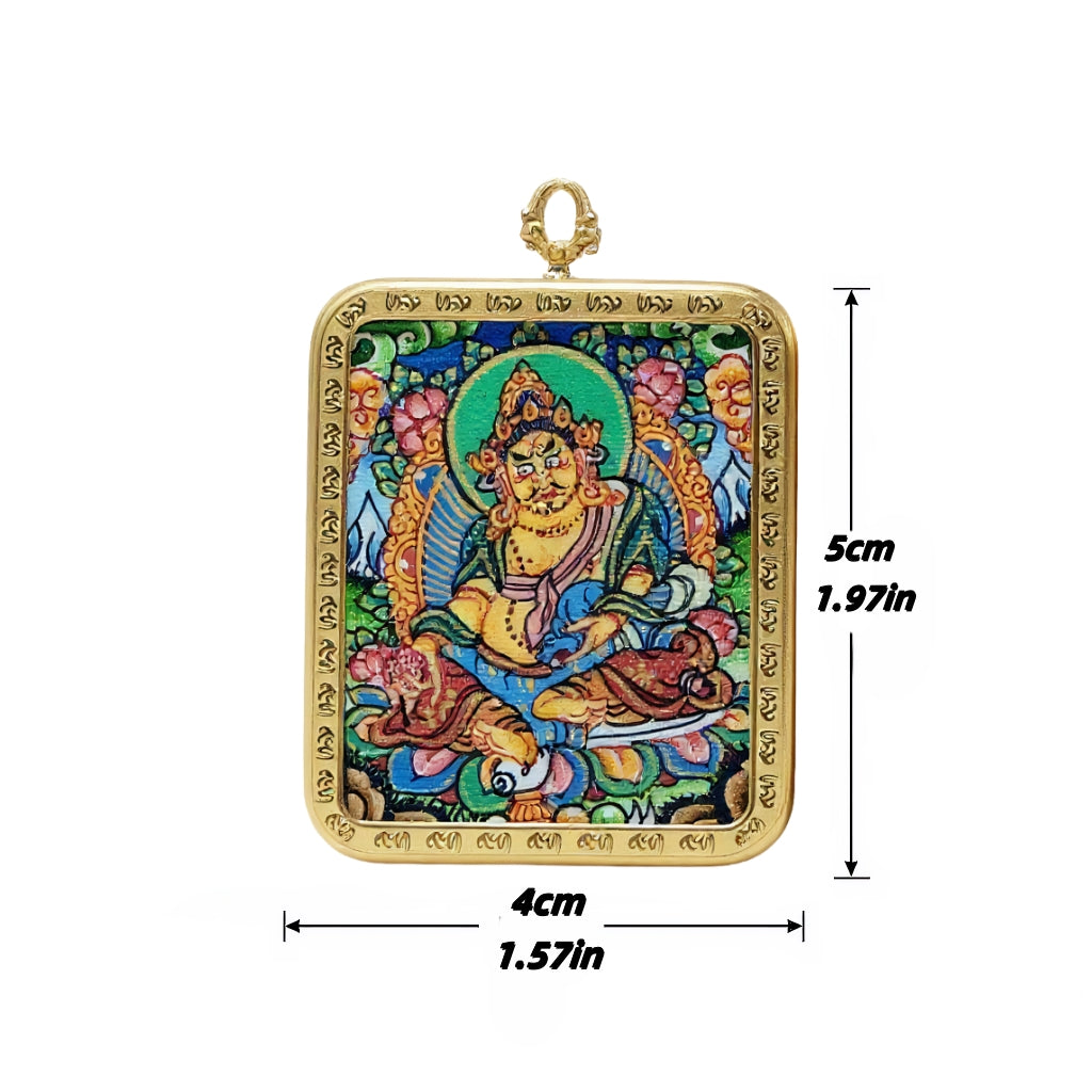 Yellow Jambhala Thangka pendant double-sided size image, showing front and back with detailed measurements