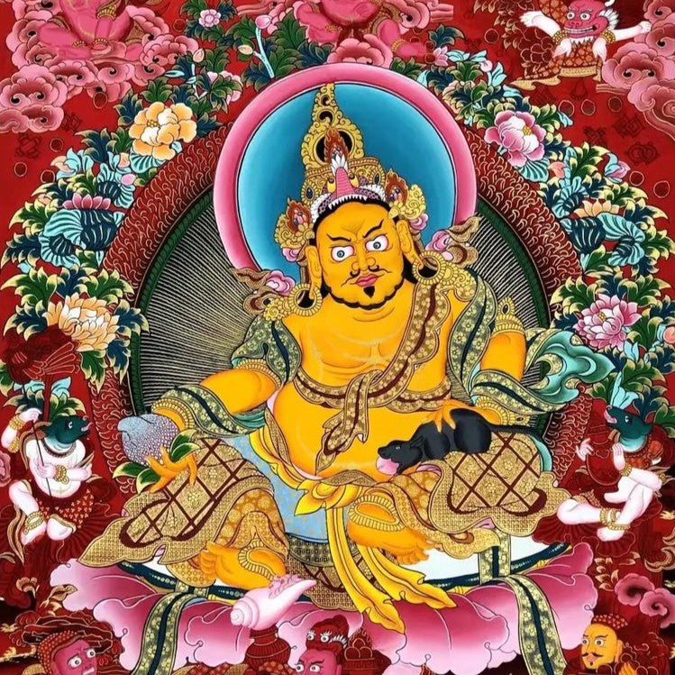 Traditional hand-painted Thangka of Yellow Jambhala, Tibetan Buddhist cultural art