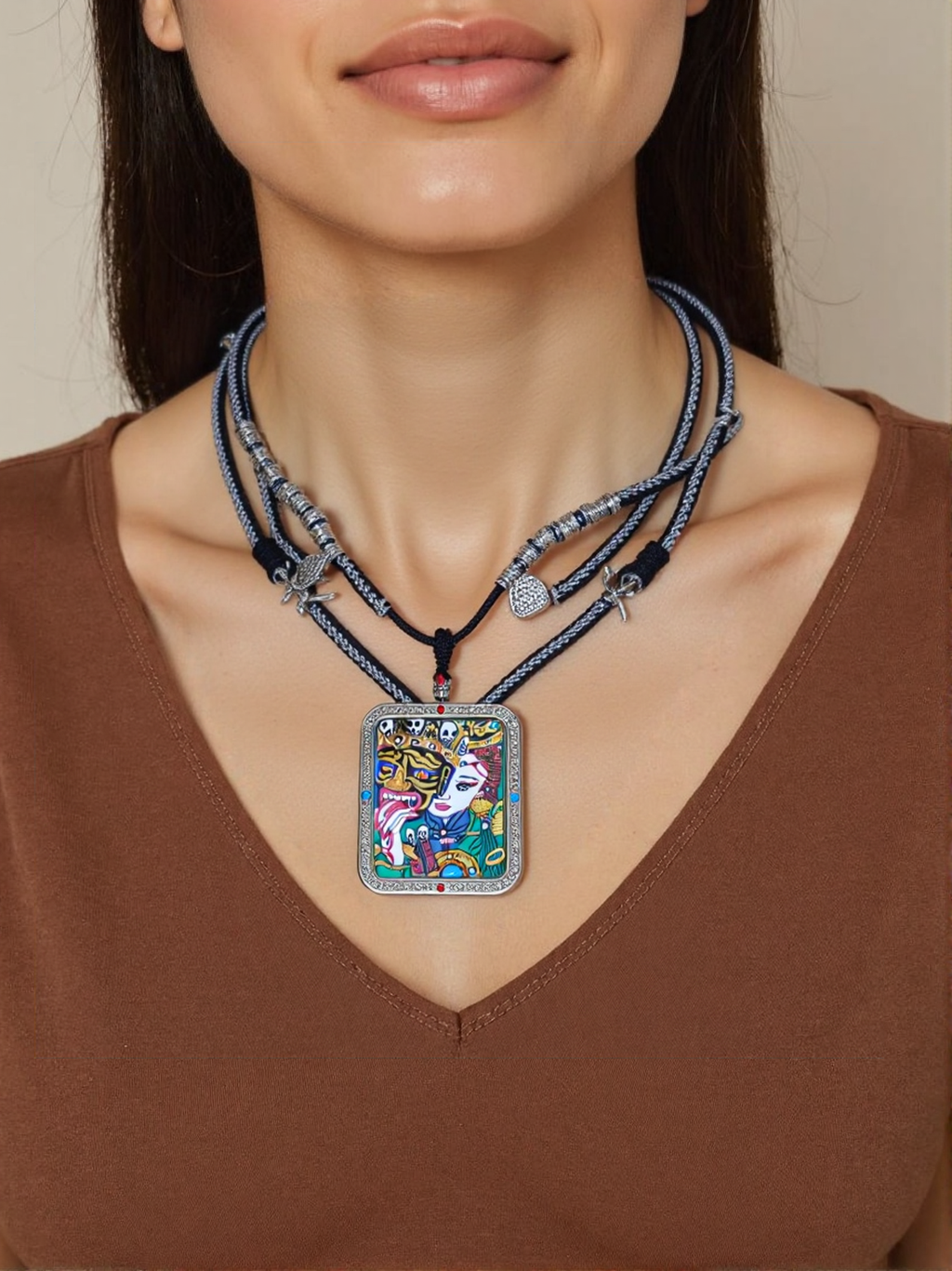 Zakiram Thangka pendant double-sided wear display, showing how it looks when worn and detailed craftsmanship