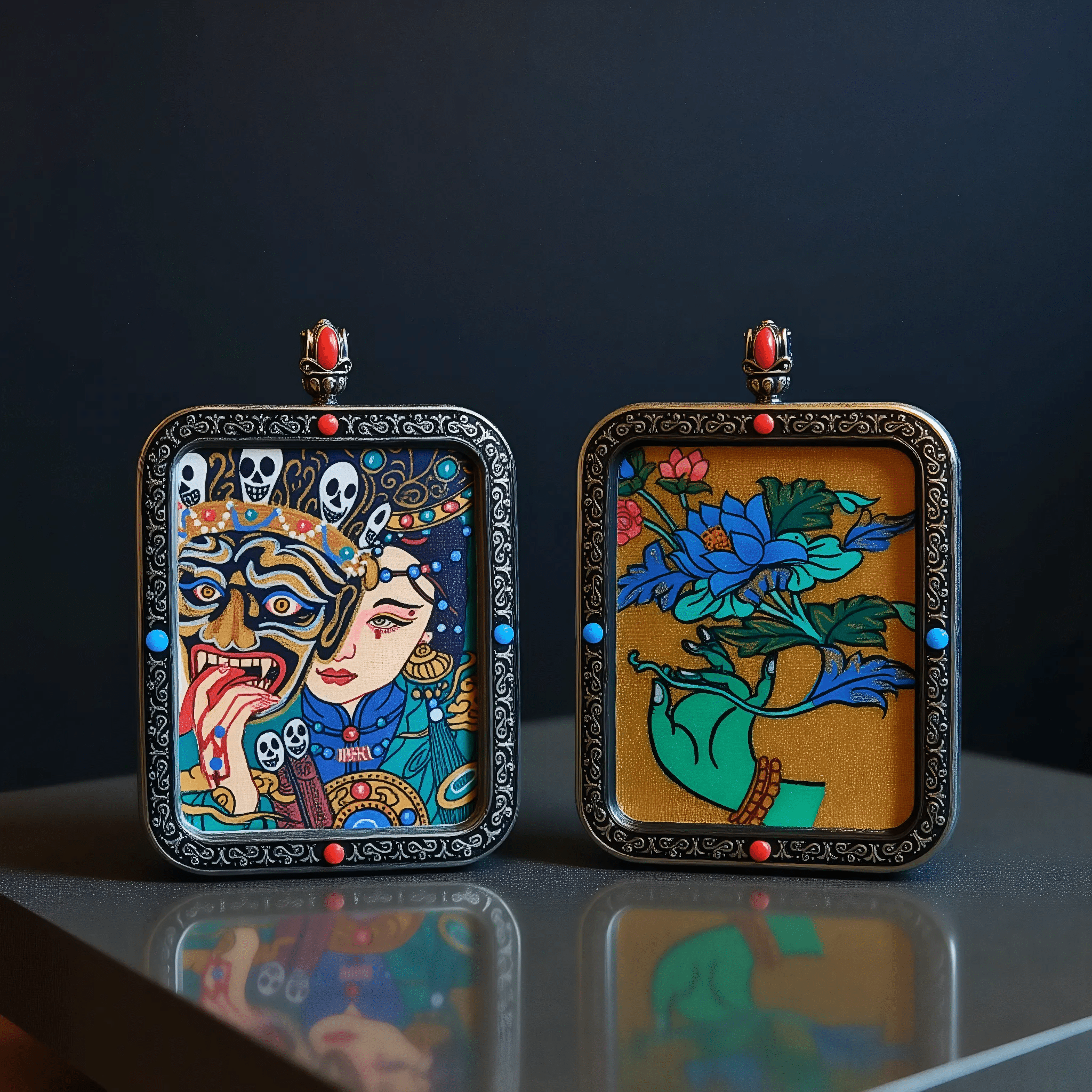 Zakiram Thangka pendant double-sided product display, showing front and back with detailed craftsmanship