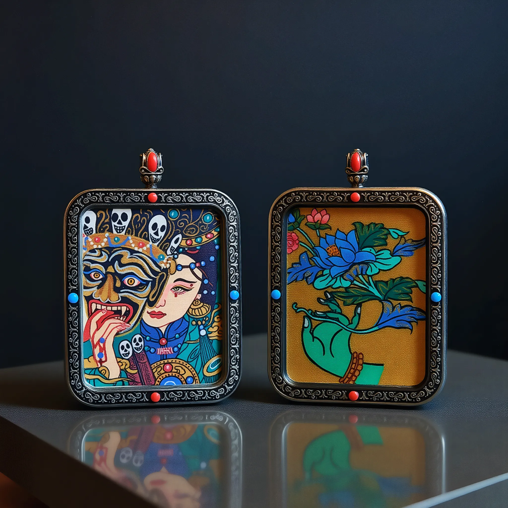 Zakiram Thangka pendant double-sided product display, showing front and back with detailed craftsmanship