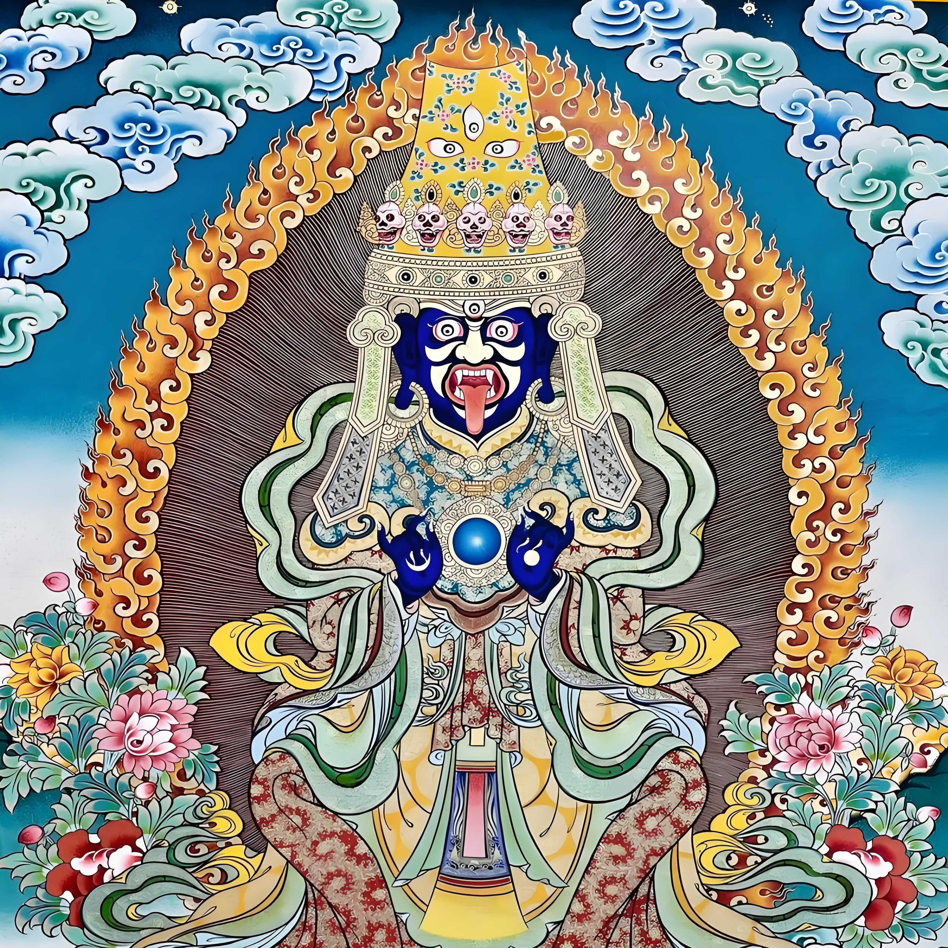 Hand-painted Thangka of Zhakilam, Tibetan Buddhist protector and master