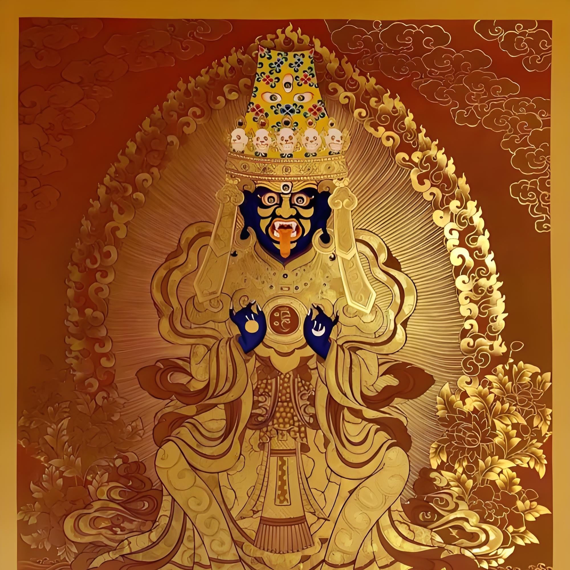 Close-up detail of hand-painted Thangka of Zhakilam, Tibetan Buddhist protector deity