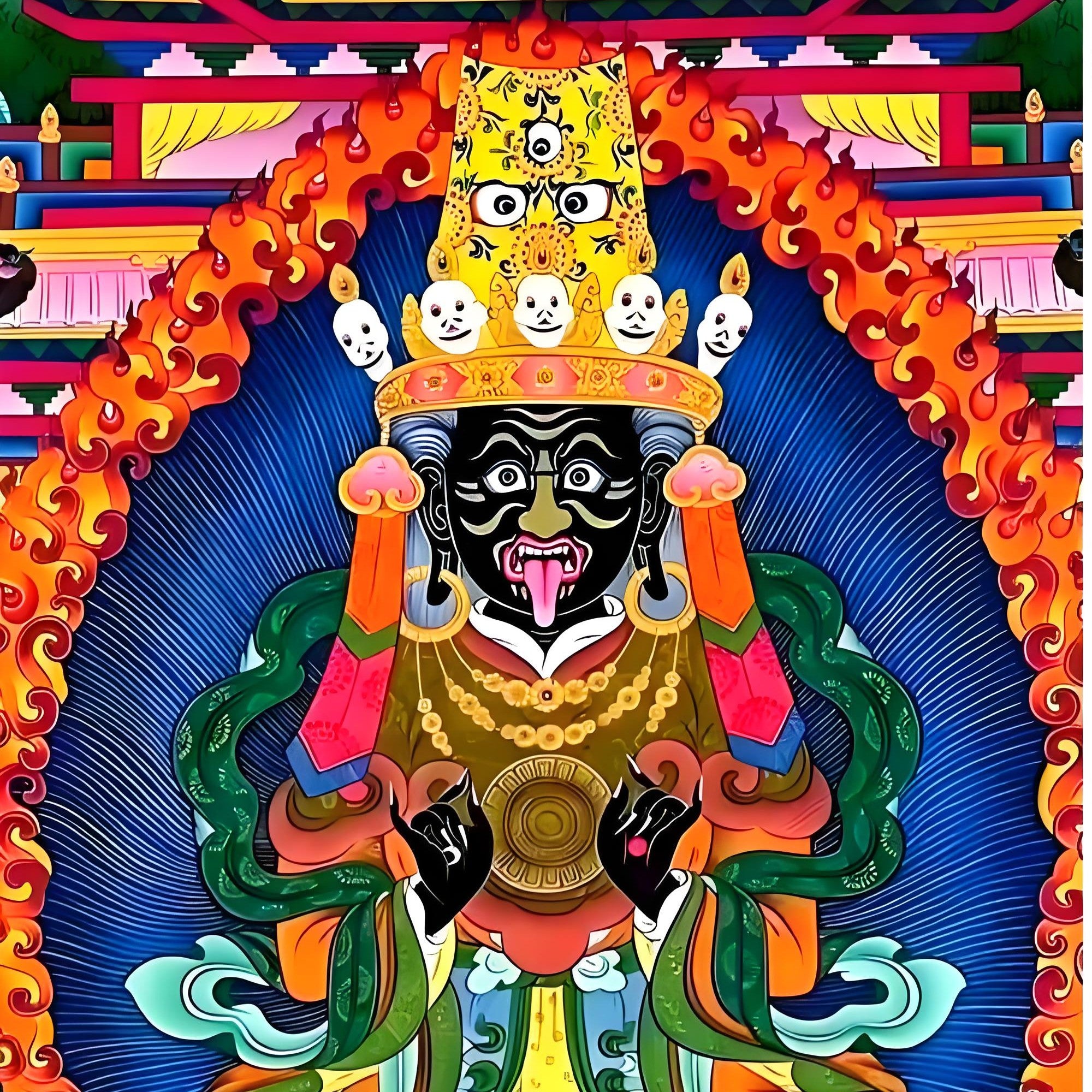 Hand-painted Thangka of sacred Zhakilam, Tibetan Buddhist protector deity